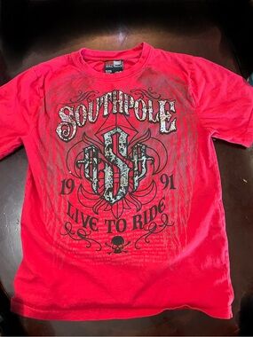 South Pole Red Short Sleeve Graphic Tee with Black & White Print